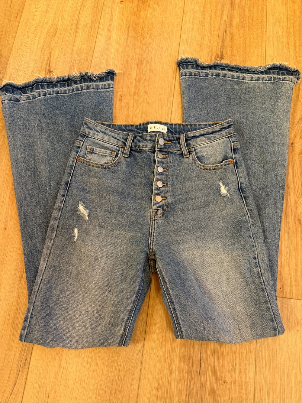 Cello Distressed High-Rise Button-Fly Jeans in Blue